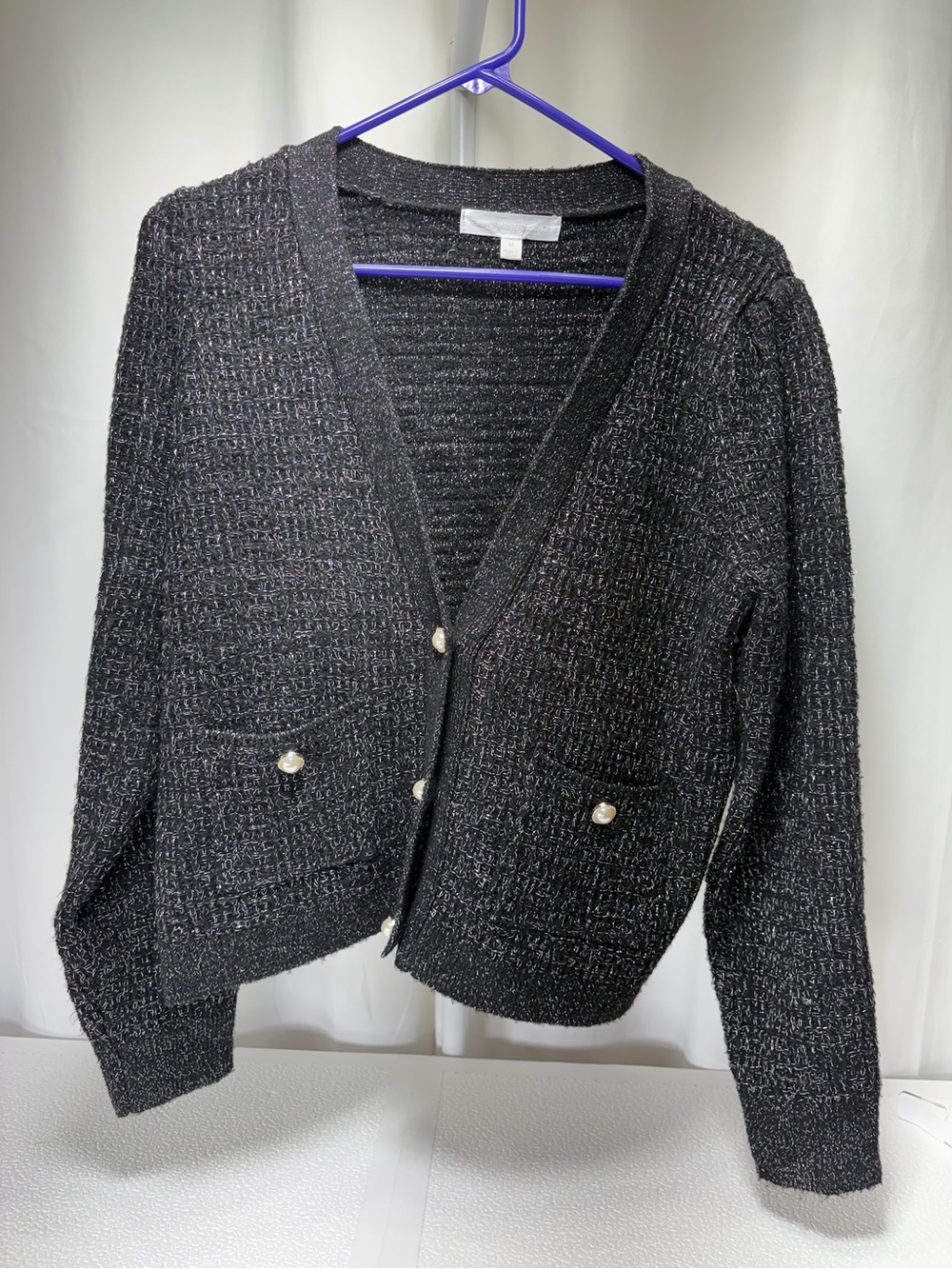 Adyson Parker Black Shimmery Knit V-Neck Cardigan with Pearl Buttons 4441